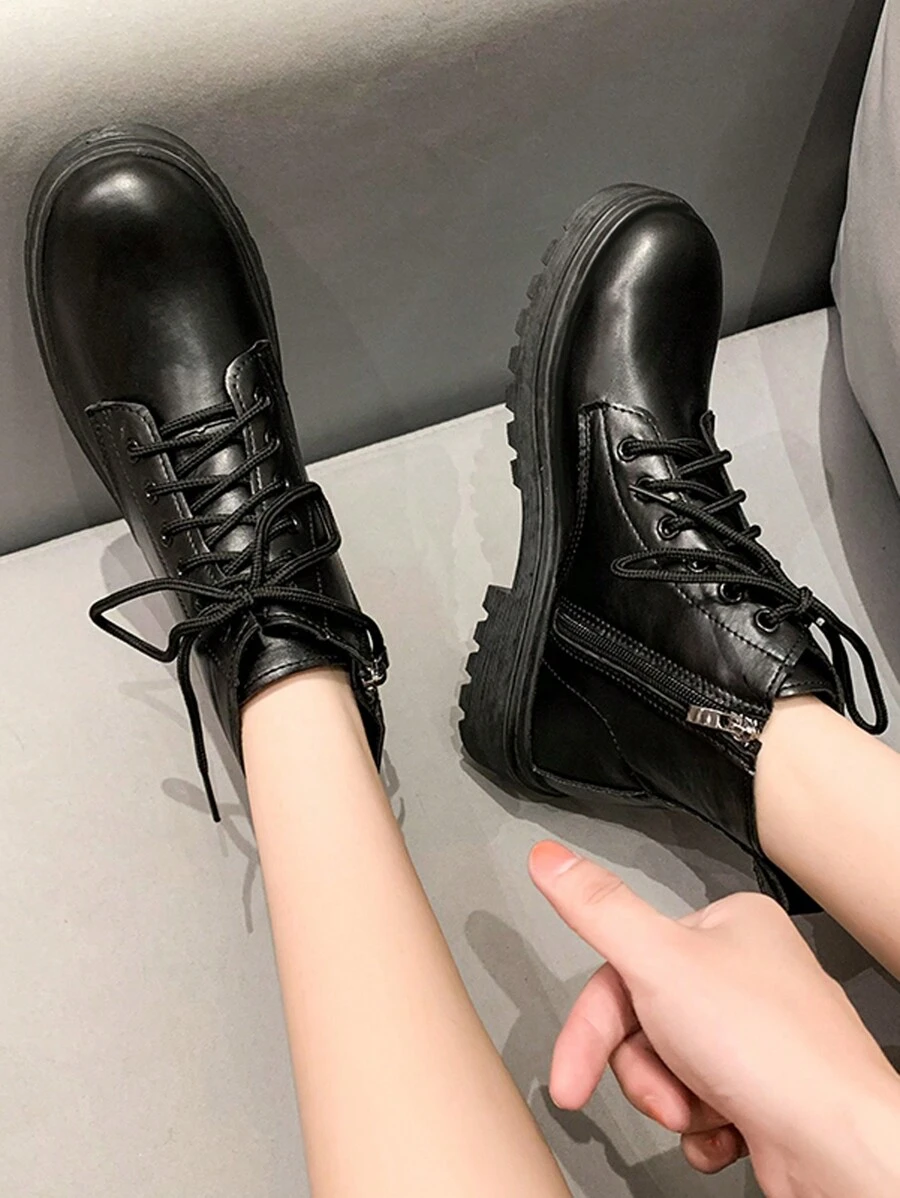 Fall/Winter Women's Fashion Round Toe Side Zipper Lace Up Flat Boots, Autumn Motorcycle Boots,Boots For Women - Black - View 1
