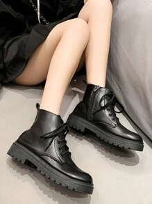 Fall/Winter Women's Fashion Round Toe Side Zipper Lace Up Flat Boots, Autumn Motorcycle Boots,Boots For Women - Black - View 2