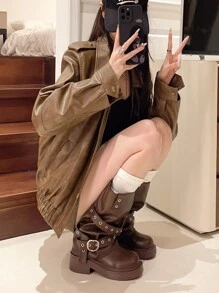 Women's Winter Rivet Flared Leg Boots, Retro Pointed Toe Slim Long Boots With Buckle Belt, Stylish And Versatile Motorcycle Riding Boots, Mid Heel Combat Boots - Brown - View 3