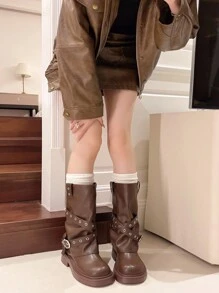 Women's Winter Rivet Flared Leg Boots, Retro Pointed Toe Slim Long Boots With Buckle Belt, Stylish And Versatile Motorcycle Riding Boots, Mid Heel Combat Boots - Brown - View 4