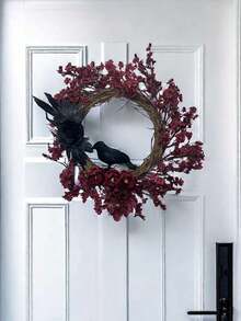 1pc Gothic Halloween Burgundy Rose & Crow Wreath, Artificial Vine Wreath For Door, Wall, Indoor Outdoor Decor - Burgundy - View 4