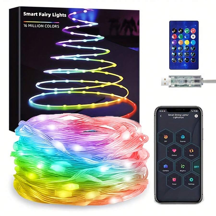智能仙女灯串，带遥控器和应用程序控制，10M-100LED 音乐同步 DIY 控制室内外灯串，适用于卧室、圣诞派对、婚礼中心装饰照明、情人节、斋月、复活节礼物
