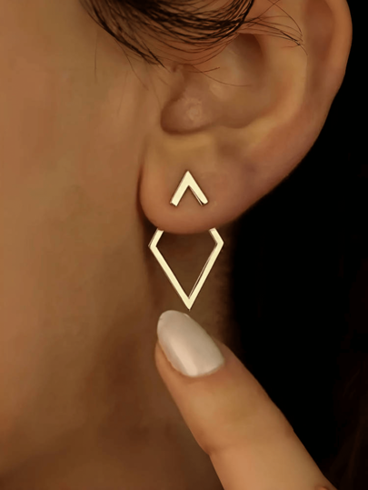 1 par Pendientes geométricos minimalistas en forma de diamante hueco, para usar delante y detrás, pendientes diseñados para dos formas de usar, chaqueta de oreja en forma de diamante única para mujeres