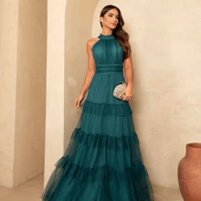 Long Tulle Dress With Layers For 15th Birthday Party, Graduates And Bridesmaids. - 墨綠色 - 查看 2