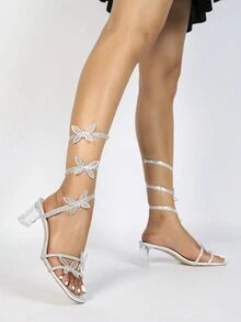 女士水钻和珍珠装饰性感尖头高跟凉鞋，蛇纹设计和缠绕带，适合夏季派对 - 銀色 - 查看 5