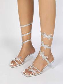 女士水钻和珍珠装饰性感尖头高跟凉鞋，蛇纹设计和缠绕带，适合夏季派对 - 銀色 - 查看 4