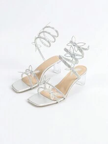 女士水钻和珍珠装饰性感尖头高跟凉鞋，蛇纹设计和缠绕带，适合夏季派对 - 銀色 - 查看 8