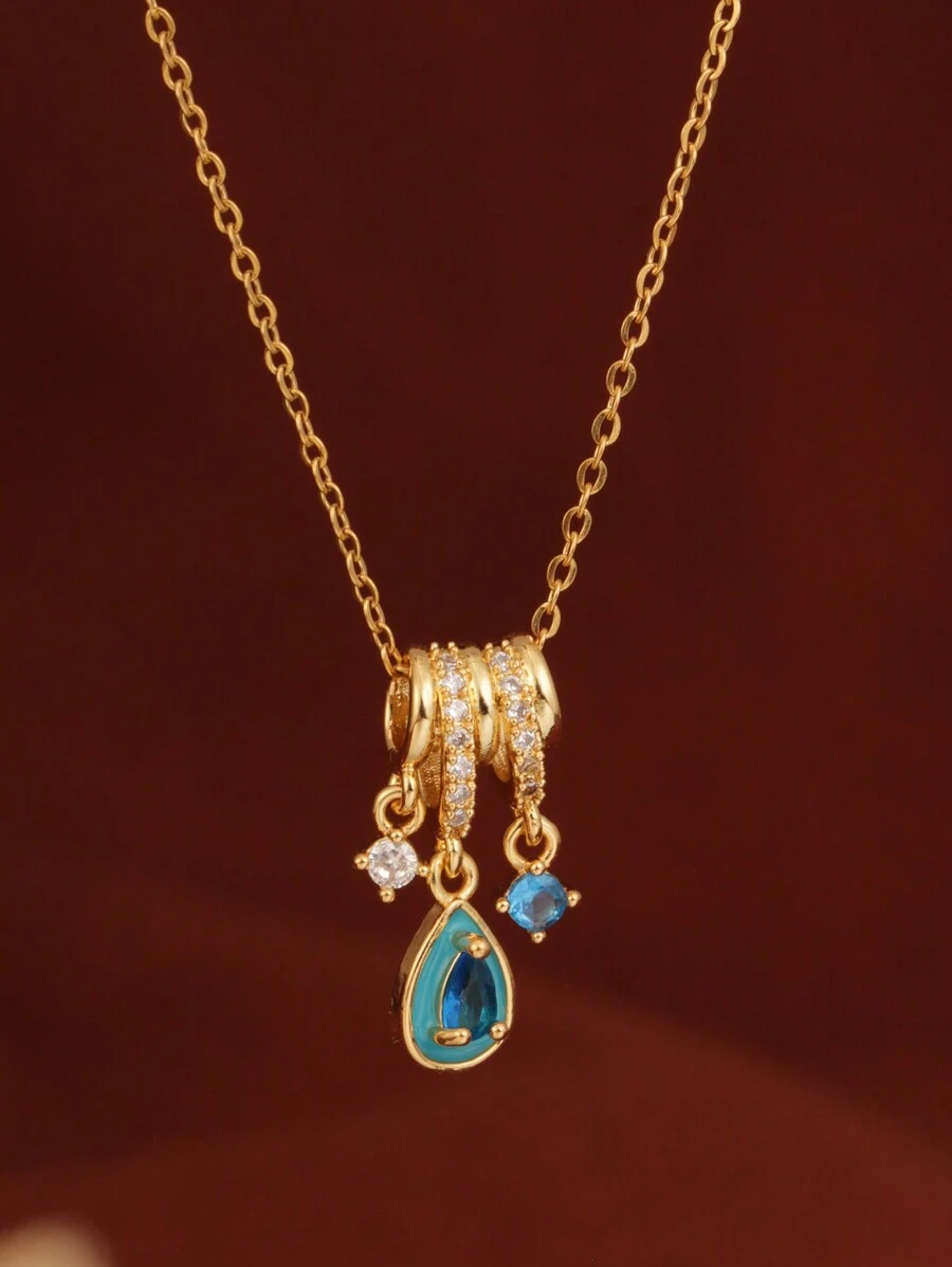 1pc Aurora Ice Blue Waterdrop Stainless Steel Teardrop Pendant Necklace, 18K Gold Micro Diamonds, Suitable As Gift For Wife, Female Friend, Wedding Present - Yellow Gold - View 1