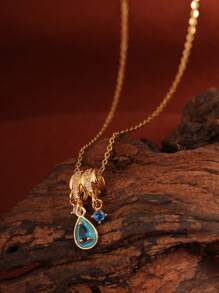 1pc Aurora Ice Blue Waterdrop Stainless Steel Teardrop Pendant Necklace, 18K Gold Micro Diamonds, Suitable As Gift For Wife, Female Friend, Wedding Present - Yellow Gold - View 4