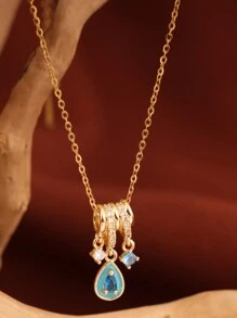 1pc Aurora Ice Blue Waterdrop Stainless Steel Teardrop Pendant Necklace, 18K Gold Micro Diamonds, Suitable As Gift For Wife, Female Friend, Wedding Present - Yellow Gold - View 2