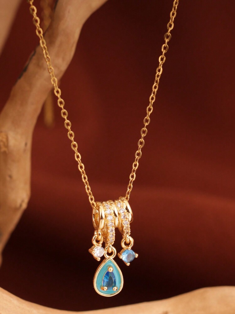 1pc Aurora Ice Blue Waterdrop Stainless Steel Teardrop Pendant Necklace, 18K Gold Micro Diamonds, Suitable As Gift For Wife, Female Friend, Wedding Present - Yellow Gold - View 2