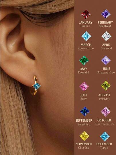 Esberry 1pair Rhombus Twelve Birthstones Hoop Earrings For Women S925 Sterling Silver 12 Month Personalized Earrings Fine Jewelry Birthday Gift For Her