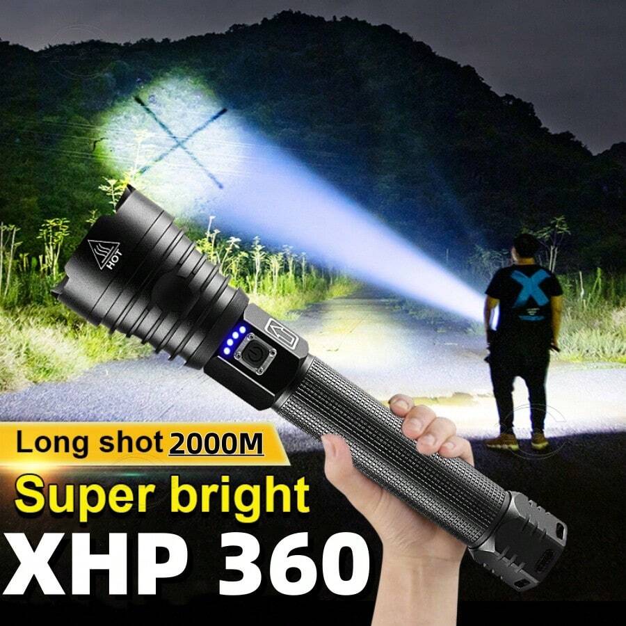 Đèn pin LED XHP360 công suất cao mới với ánh sáng mạnh sử dụng pin 18650/26650 có thể sạc lại, đèn pin chiến thuật có thể thu phóng dạng ống lồng mạnh mẽ, đèn lồng LED săn bắn ngoài trời, đèn cắm trại, đèn chiếu sáng đi bộ đường dài - màu đen - Xem 1