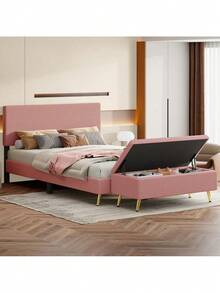 2 Pieces Bedroom Sets Queen Size Upholstered Bed Frame, Modern Corduroy  Storage Ottoman,Pink - 粉紅色+實木+MDF+大床+2件套裝 - 查看 1