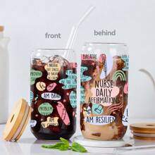 1 件 16 盎司便携式简易玻璃水瓶咖啡杯带吸管和盖子，礼品杯，可爱有趣图案透明玻璃水杯，饮水杯啤酒杯，可重复使用，送给家人、朋友的节日礼物，护士节，送给护士的节日礼物 - 透明 - 查看 8