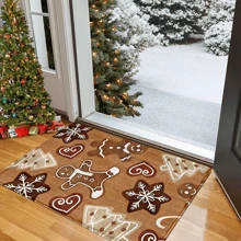 1pc Christmas Series Cartoon Gingerbread Man Print Faux Wool Kitchen Mat, TPR Anti-Slip Bottom Bathroom Mat, Home Decor, Kitchen Decor, Christmas Decor, Christmas Decoration