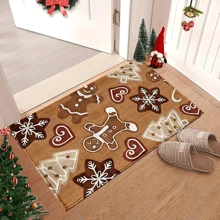 1pc Christmas Series Cartoon Gingerbread Man Print Faux Wool Kitchen Mat, TPR Anti-Slip Bottom Bathroom Mat, Home Decor, Kitchen Decor, Christmas Decor, Christmas Decoration