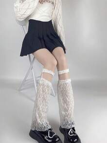 1 双白色夏季膝盖高腿保暖裤，洛丽塔风格蕾丝边，修腿，时尚，显瘦 - 白色 - 查看 9