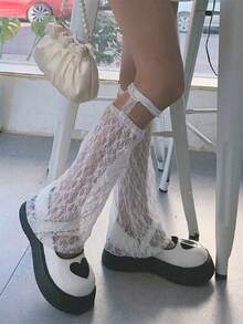 1 双白色夏季膝盖高腿保暖裤，洛丽塔风格蕾丝边，修腿，时尚，显瘦 - 白色 - 查看 6