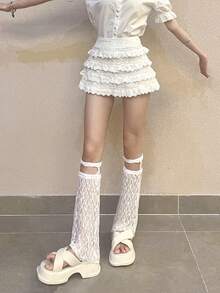 1 双白色夏季膝盖高腿保暖裤，洛丽塔风格蕾丝边，修腿，时尚，显瘦 - 白色 - 查看 3