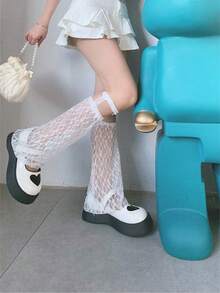 1 双白色夏季膝盖高腿保暖裤，洛丽塔风格蕾丝边，修腿，时尚，显瘦 - 白色 - 查看 4