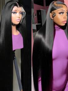 Eulisi 直发蕾丝前部假发 人发预拔 180% 密度 13x4 前部假发 人发 26 英寸高清透明蕾丝假发 10A 巴西处女人发假发 适合女性 带婴儿头发 自然发际线 - 黑色 - 查看 10