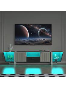 TV Console With Large Storage Cabinets, Biplane Shape Design LED TV Stand With Remote Control, Multiple Modes Changing Lights Modern Entertainment Center With Power Cord, Black,Good Furniture