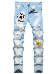Jeans slim dritti con ricamo a poker color blu chiaro consumato, stile europeo e americano, per uomo