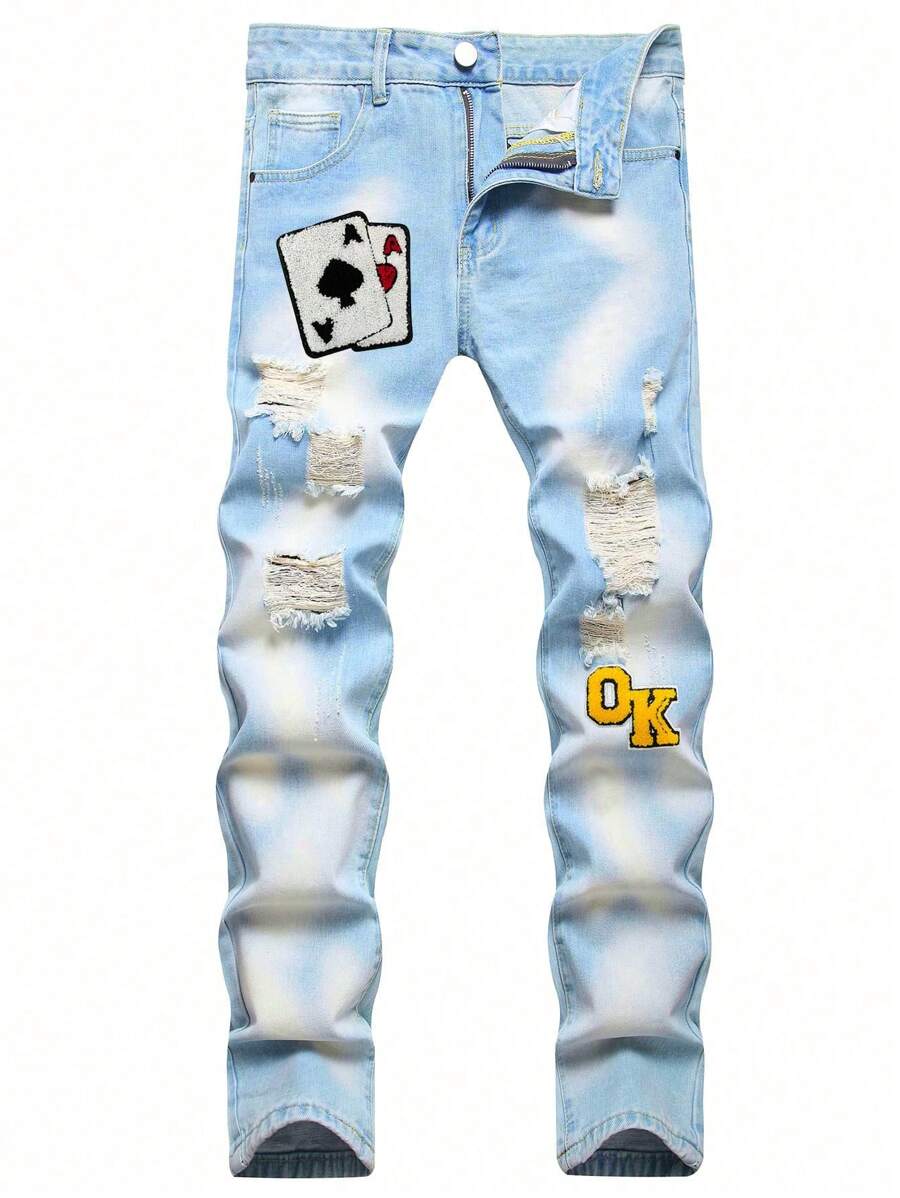 Jeans slim dritti con ricamo a poker color blu chiaro consumato, stile europeo e americano, per uomo