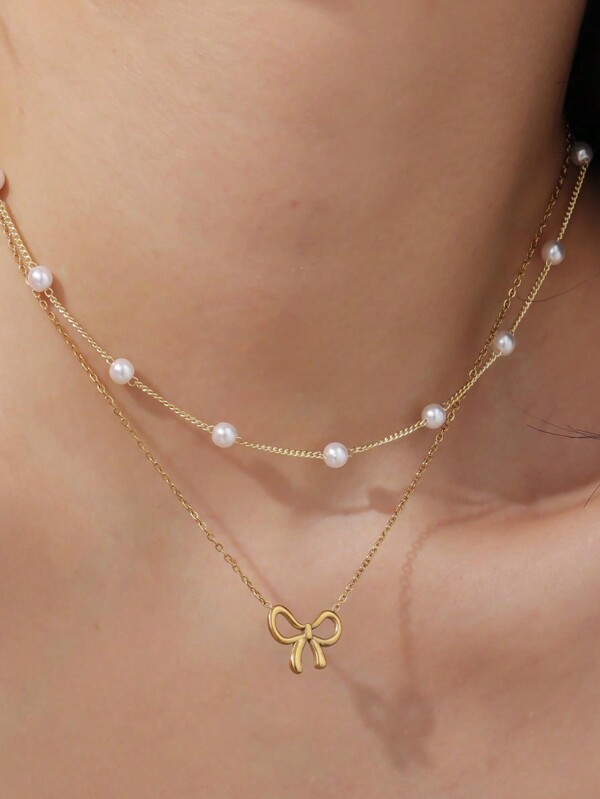 2Pcs Gold Faux Pearl Necklace And Bow Necklace Layered Necklace For Women Gold Bow Necklace Minimalist Valentines