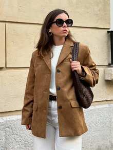 女士秋季新款时尚外套纯色翻领长袖口袋单排扣女式休闲西装外套
