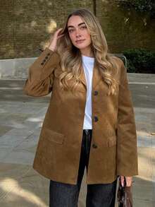 女士秋季新款时尚外套纯色翻领长袖口袋单排扣女式休闲西装外套