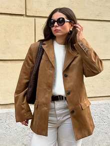 女士秋季新款时尚外套纯色翻领长袖口袋单排扣女式休闲西装外套