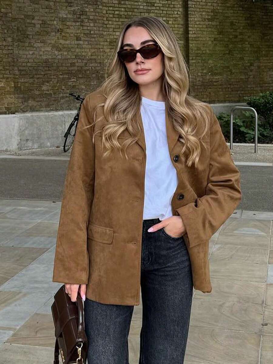 女士秋季新款时尚外套纯色翻领长袖口袋单排扣女式休闲西装外套