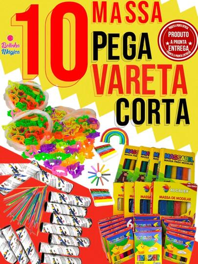 KIT 10 Massinha de Modelar + 10 Pega Vareta + 20 Cortador Lembrancinha Aniversario Prenda Barato