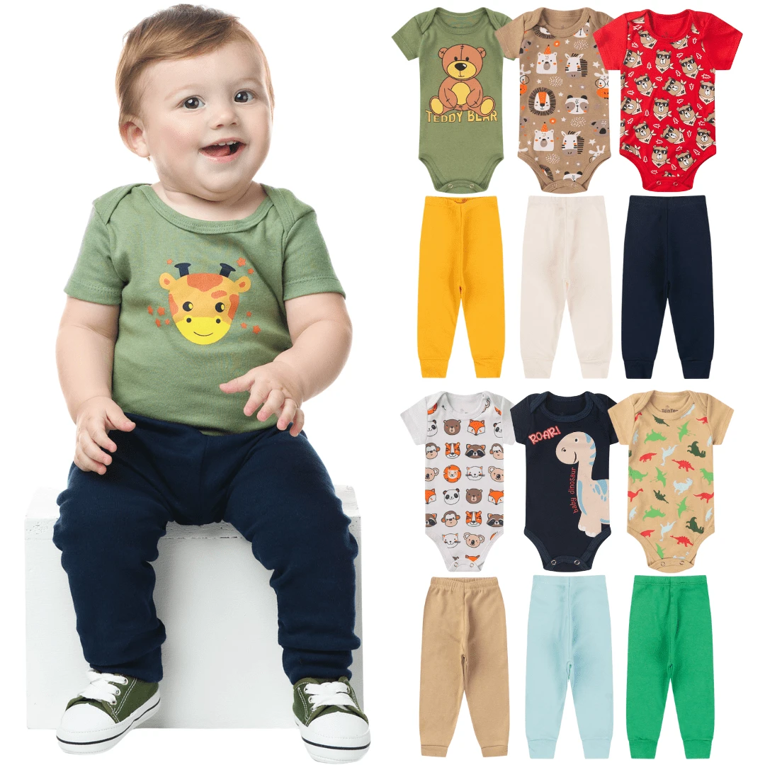 6 Piece Kit Boy's Bodysuit SHORT SLEEVES AND PANTS 100% Cotton Baby Clothes - Màu xanh lam - Xem 1