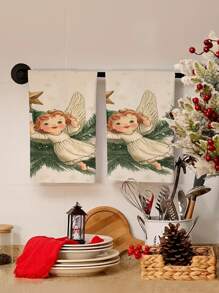 2pcs Christmas Little Angel Kitchen Decorative Towels, Bathroom Hand Towels, Dish Towels, Kitchen Table Decor, Seasonal Home Kitchen Bath Towels, Indoor Outdoor Party Supplies, Room Decorations, Suitable For Home Kitchen Decor And Christmas Decoration - Multicolor - View 1