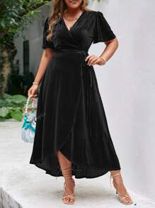 Simplee Plus Size Elegant Solid Color Tie-Up Wrap Dress For Vacation