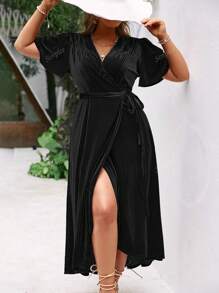 Simplee Plus Size Elegant Solid Color Tie-Up Wrap Dress For Vacation