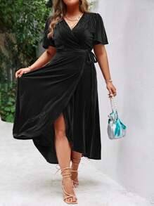 Simplee Plus Size Elegant Solid Color Tie-Up Wrap Dress For Vacation