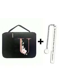 时尚简约复活节耶稣印花圣经袋和 1 个不锈钢书签，带和链条、首字母印刷、圣经封面、圣经架、便携整理袋，带拉链和口袋，适用于标准尺寸圣经袋，用于圣经学习，圣经封面，花卉圣经盒，带手柄的圣经袋，非常适合成人女性男性圣经学习（黑色）（拉链位置随机）