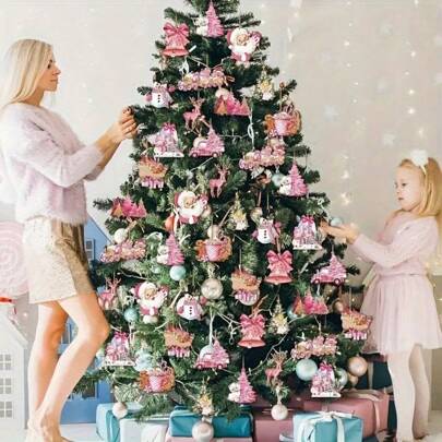 Pink Christmas Tree Hanging Ornaments Retro Wooden Christmas Decoration Country Farmhouse Hanging Christmas Tree Decoration Pendant Home Decor Christmas Decorations Room Decor