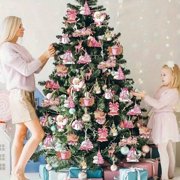 Pink Christmas Tree Hanging Ornaments Retro Wooden Christmas Decoration Country Farmhouse Hanging Christmas Tree Decoration Pendant Home Decor Christmas Decorations Room Decor