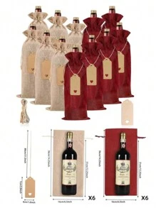 Set de 6/12 bolsas con cordón para botellas de vino, bolsas y etiquetas reutilizables para regalo, para decoración de fiesta de cumpleaños, boda, Navidad, Año Nuevo y suministros para fiestas