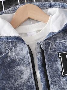 2 件装年轻男孩裂纹字母刺绣连帽夹克和抽绳裤套装，秋冬 - 藍色 - 查看 3