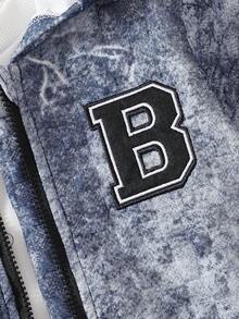 2 件装年轻男孩裂纹字母刺绣连帽夹克和抽绳裤套装，秋冬 - 藍色 - 查看 4