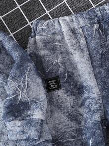 2 件装年轻男孩裂纹字母刺绣连帽夹克和抽绳裤套装，秋冬 - 藍色 - 查看 6