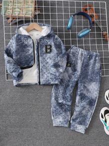 2 件装年轻男孩裂纹字母刺绣连帽夹克和抽绳裤套装，秋冬 - 藍色 - 查看 1