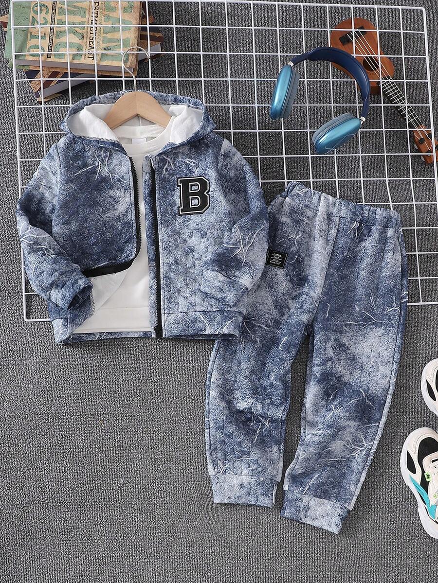 2 件装年轻男孩裂纹字母刺绣连帽夹克和抽绳裤套装，秋冬 - 藍色 - 查看 1