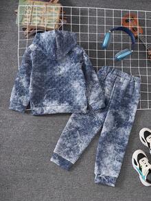 2 件装年轻男孩裂纹字母刺绣连帽夹克和抽绳裤套装，秋冬 - 藍色 - 查看 2